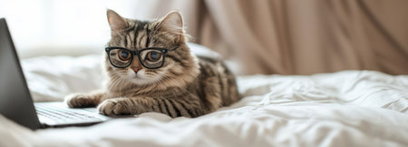 Cat Wearing Glasses Lying on Bed and Looking at Laptop. High quality photoの素材