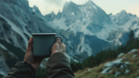 CloseUp of a Male Hand Holding a Mug Against a Beautiful Mountain Landscape. High quality photoの素材