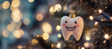 Fun Christmas Tooth Decoration Hanging on a Fir Tree. Banner with Text Space. High quality photoの素材