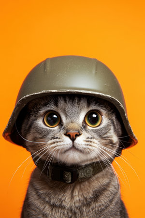 CloseUp of a Cat in a Military Helmet on an Orange Background. High quality photoの素材