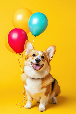 Funny Corgi Dog with Balloons on a Festive Yellow Background. High quality photoの素材