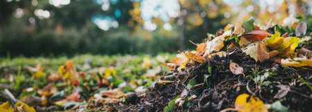 CloseUp of Compost Pile with Leaves and Organic Matter. Banner with Text Space. High quality photoの素材