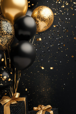 Celebration on Black Background with Black and Gold Balloons. High quality photoの素材