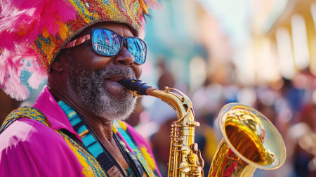 Black Musician Playing Saxophone in Vibrant Costume at Parade. High quality photoの素材