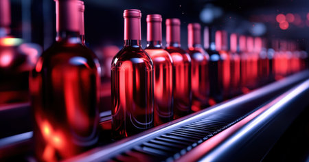 Bottles of Red Wine on a Factory Conveyor Belt. High quality photoの素材