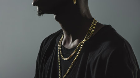 Black Man with Gold Chain Necklace in Black Clothing. High quality photoの素材