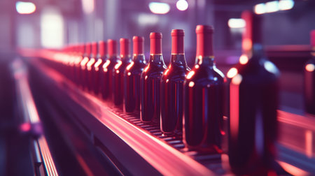 Bottles of Red Wine on a Factory Conveyor Belt. High quality photoの素材
