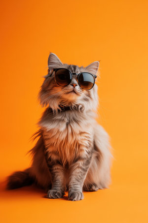 Cat in Sunglasses on an Orange Background with Copy Space. High quality photoの素材