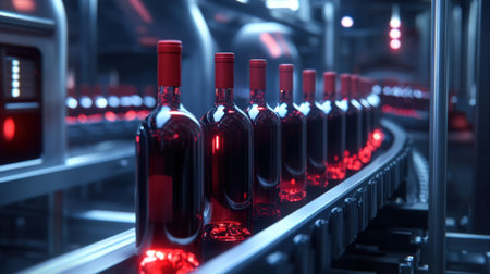 Bottles of Red Wine on a Factory Conveyor Belt. High quality photoの素材