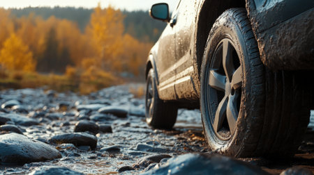 CloseUp of Car Driving on a Rough Road Among Stones and Mud. High quality photoの素材