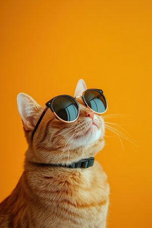 Cat in Sunglasses on an Orange Background with Copy Space. High quality photoの素材
