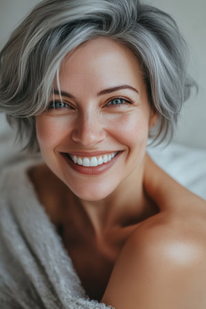 Beautiful Smiling Mature Woman with Short Gray Hair. High quality photoの素材
