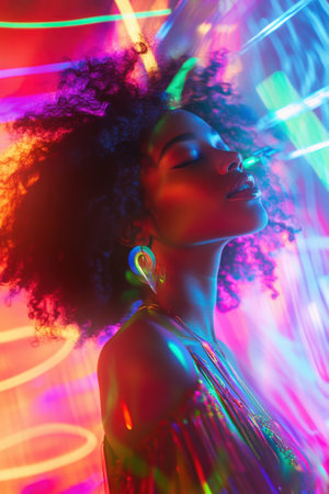 Beautiful Young African American Woman Enjoying and Dancing in a Nightclub with Neon Lights. High quality photoの素材