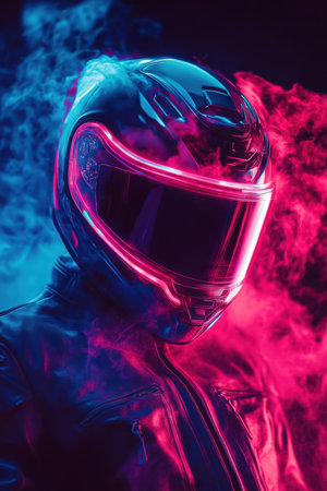 Biker in a Neon Bright Helmet on a Dark Background. High quality photoの素材