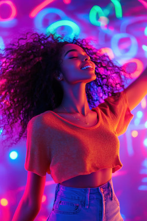 Beautiful Young African American Woman Enjoying and Dancing in a Nightclub with Neon Lights. High quality photoの素材