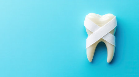 Broken Tooth with Bandage on a Blue Background. High quality photoの素材