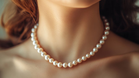 Closeup of pearl necklace elegantly adorning a womans neck. High quality photoの素材