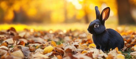 Cute rabbit sitting on autumn leaves with fall landscape. High quality photoの素材