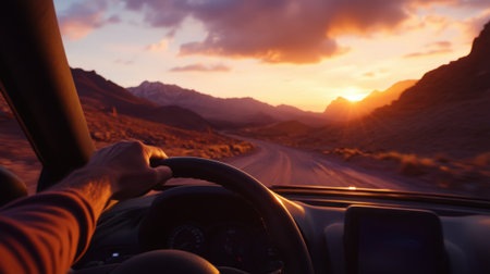 Hand holding car steering wheel on mountain road trip. High quality photoの素材