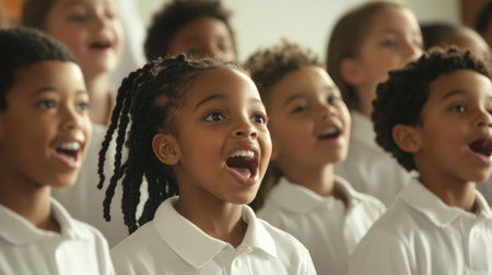 Group of children passionately singing spiritual songs in choir. High quality photoの素材