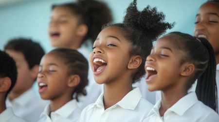 Group of children passionately singing spiritual songs in choir. High quality photoの素材