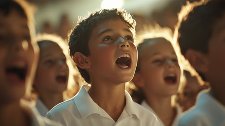 Group of children passionately singing spiritual songs in choir. High quality photoの素材
