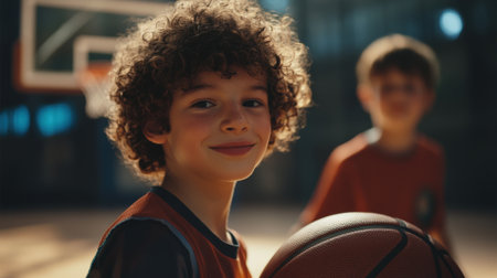 Focused happy young boy with curly hair holding basketball. High quality photoの素材