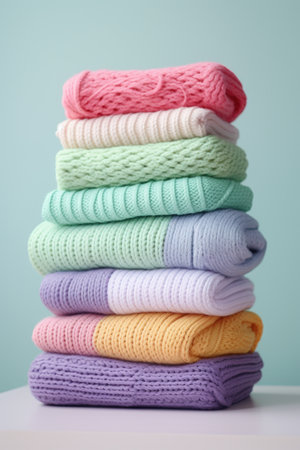 Stack of pastel-colored knitted baby items on soft background. High quality photoの素材