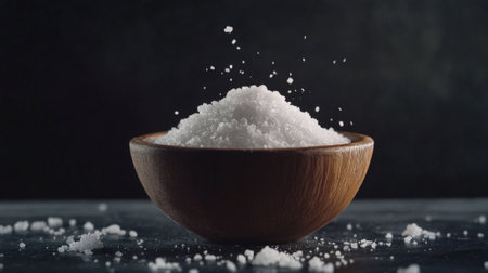 Wooden bowl filled with coarse salt crystals. High quality photoの素材