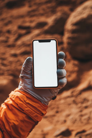Astronaut Holding and Showing Mobile Phone Mockup. High quality photoの素材