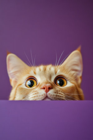Cute Cat Peeking Over Table Against Purple Background. High quality photoの素材