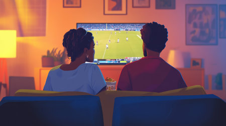 Couple Watching Sports Broadcast on TV in a Cozy Home Atmosphere. High quality photoの素材