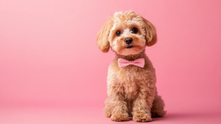 Cute Maltipoo Dog with a Bow on a Pink Background. High quality photoの素材