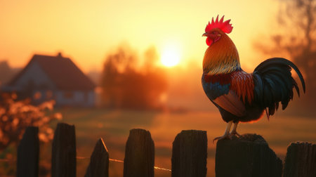 Rooster standing on a wooden fence at dawn. High quality photoの素材
