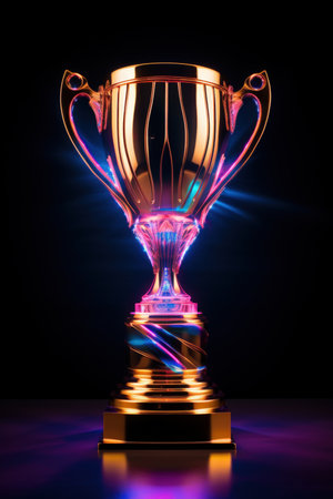 Golden Trophy with Neon Light Strips. High quality photoの素材