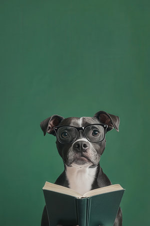 Dog with Glasses Reading a Book on a Green Background. High quality photoの素材