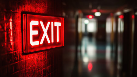 Glowing Red Exit Sign Illuminating a Dark Corridor. High quality photoの素材