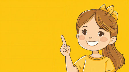 Happy Young Girl Pointing Up on Yellow Background. Banner, copy space. High quality photoの素材