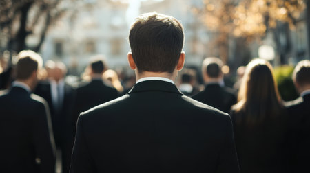 Person in a Black Suit with Funeral Background in a Group. High quality photoの素材