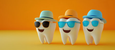 Playful Tooth Characters in Sunglasses on a Bright Background. Space for Text. High quality photoの素材