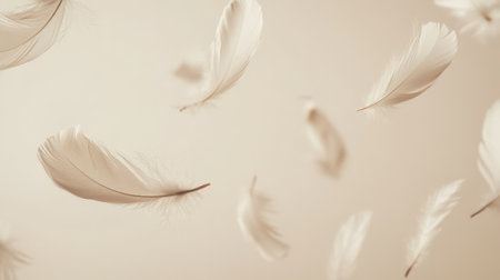Levitating Delicate Feathers on a Neutral Background. High quality photoの素材
