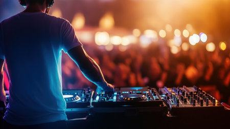 DJ on Stage with Crowd in the Background. High quality photoの素材