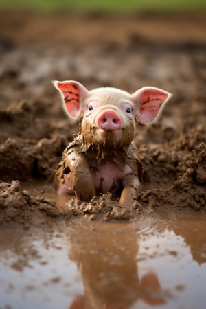 Small Dirty Piglet in a Muddy Puddle. High quality photoの素材