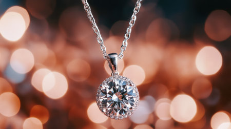 Luxurious Diamond Necklace with Gemstone Against Bokeh Background. High quality photoの素材