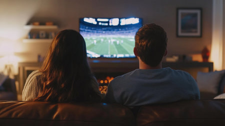 Couple Watching Sports Broadcast on TV in a Cozy Home Atmosphere. High quality photoの素材