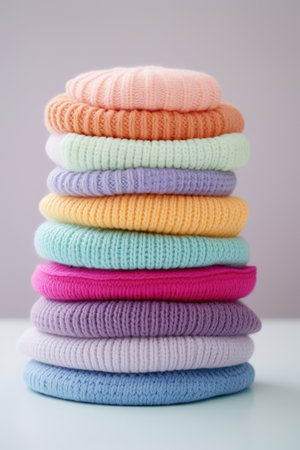 Stack of pastel-colored knitted baby items on soft background. High quality photoの素材