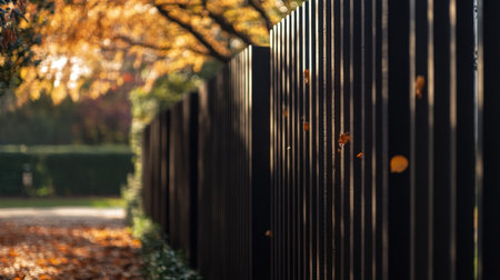 Wooden fence with black posts and tree in background. High quality photoの素材