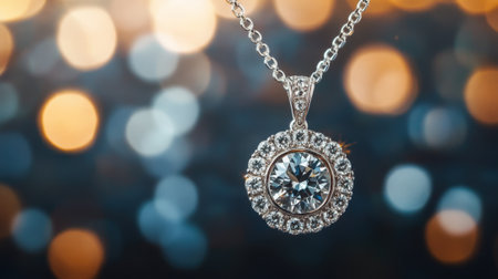 Luxurious Diamond Necklace with Gemstone Against Bokeh Background. High quality photoの素材