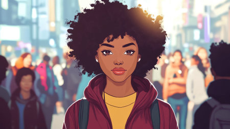 Confident Afro American Woman with Afro Hair in the City Among Crowd. High quality photoの素材