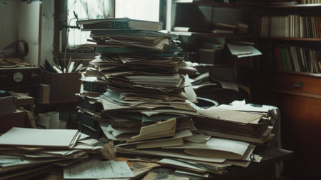 Large Pile of Disorganized Paper in a Workspace. High quality photoの素材